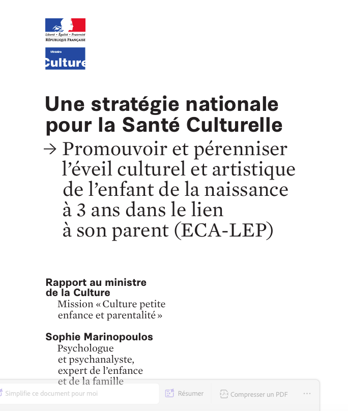 L’art pour soutenir le développement de l’enfant et renforcer le lien avec ses parents, et le concept de santé culturelle : Étude pour le Ministère de la Culture par Sophie Marinapoulos, 2019.